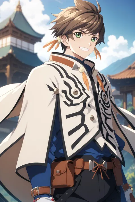 sorey, score_9, score_8_up, score_7_up, source_anime, 1boy, solo, brown hair, grin, green eyes, looking at viewer, black pants, belt, pouch, male focus, ultra quality, ultra highres, ultra detailed, depth of field, 16k, cinematic lighting, amazing shading, soft lighting, zPDXL, zPDXLxxx, blue sky, <lora:Sorey-Shepherd-XLPony:1>