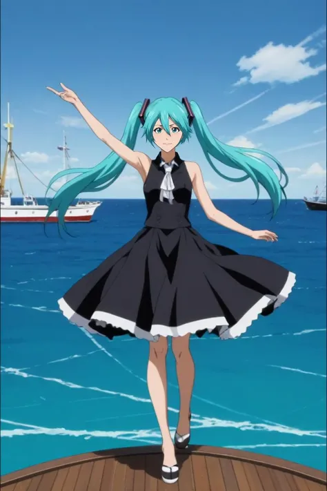 score_9, score_8_up, score_7_up, source_anime, rating_safe, , anime screencap, anime coloring, , , , 1girl, hatsune miku, aqua eyes, aqua hair, twintails, hair between eyes, long hair, solo, straight-on, full body, boat, ship, midnight, dancing, seductive smile, <lora:bleach_style_pony:0.98>, bleach_style, <lora:sdxl_lightning_8step_lora:1>
