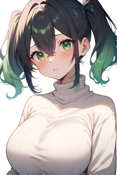 score_9, score_8_up, score_7_up, score_6_up, score_5_up, score_4_up, takasaki yu, 1girl, alternate breast size, black hair, blush, breasts, gradient hair, green eyes, green hair, hair between eyes, large breasts, long sleeves, looking at viewer, medium hair, multicolored hair, parted lips, sidelocks, sitting, sleeves past wrists, solo, sweater, turtleneck, turtleneck sweater, twintails, upper body, white background, white sweater