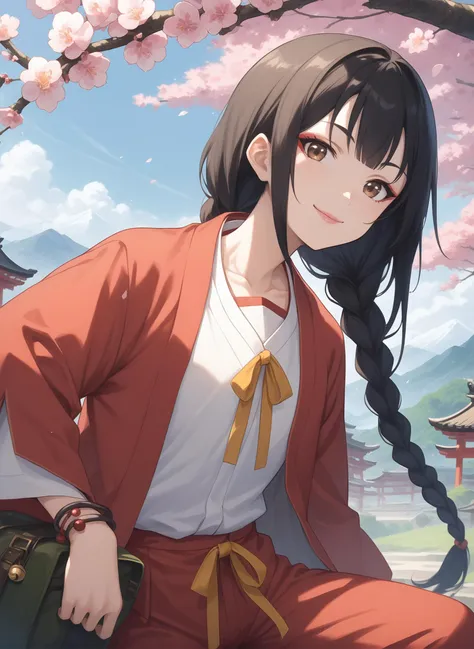 score_9, score_8_up, score_7_up, intricate details, source_anime, intricate details, highly detailed background, perfect lightingbest quality, taoyao, solo, outdoors, day, nature, cherry blossoms, mountainous horizon, black hair, twin braids, blunt bangs, hair over shoulder, very long hair, makeup, brown eyes, hanfu, red jacket, open jacket, neck ribbon, yellow ribbon, white shirt, long sleeves, jingle bell, bracelet, bag, red pants, chinese clothes, traditional clothes, smile, closed mouth, pink lips, <lora:Tao-Yao:0.7>