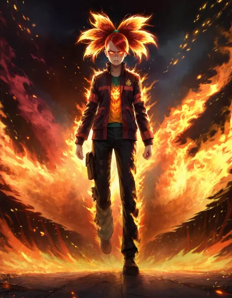 disgusted face, firemode, fiery flannery_\(pokemon\), fire, 1girl, solo, fiery hair, burning, glowing eyes, burning town, burning houses,
red hair, red eyes, fiery burning flame jacket&shirt&pants, body on fire,
fiery (outdoors scenery), school yard, burning tree, broken ground, kicking, combat, fighting stance, [[lava cracks on ground]], [burning grass], wide shot,
<lora:fire:1.1> <lora:disgusted_face_xl_goofy:1>
fixl-art,  zPDXL2, score_9, score_8_up, score_7_up, score_6_up, score_5_up, score_4_up