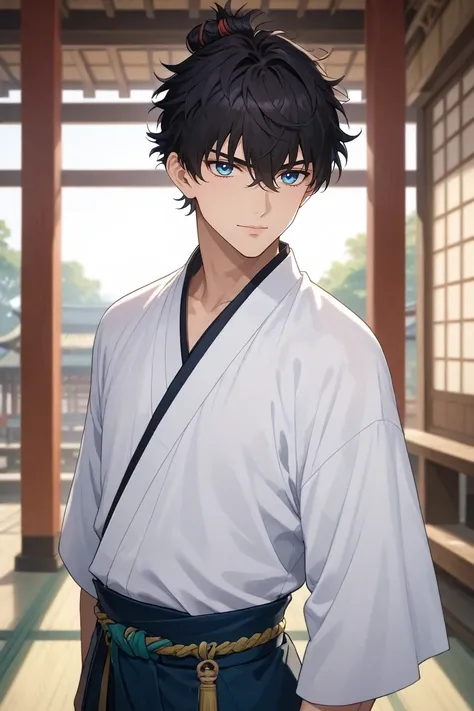 score_9, score_8_up, score_7_up, , rating_safe, , semi-realistic, looking at viewer, depth of field, 1boy, solo, male focus, <lora:miyamoto_iori_pony:0.76>, miyamoto_iori, black hair, blue eyes, short hair, bangs, hair between eyes, topknot, , profile, dojo, noon, jojo pose, seductive smile, , <lora:sdxl_lightning_8step_lora:1>