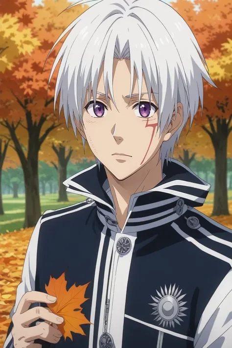 score_9, score_8_up, score_7_up, source_anime, rating_safe, intricate details, anime screencap, anime coloring, official style, , depth of field, 1boy, solo, male focus, <lora:allen_walker_pony:0.9>, allen_walker, white hair, purple eyes, short hair, scar, facial mark, hallow, symmetry, trees, autumn, leaves, light, holding object, heart eyes, , <lora:sdxl_lightning_8step_lora:1>