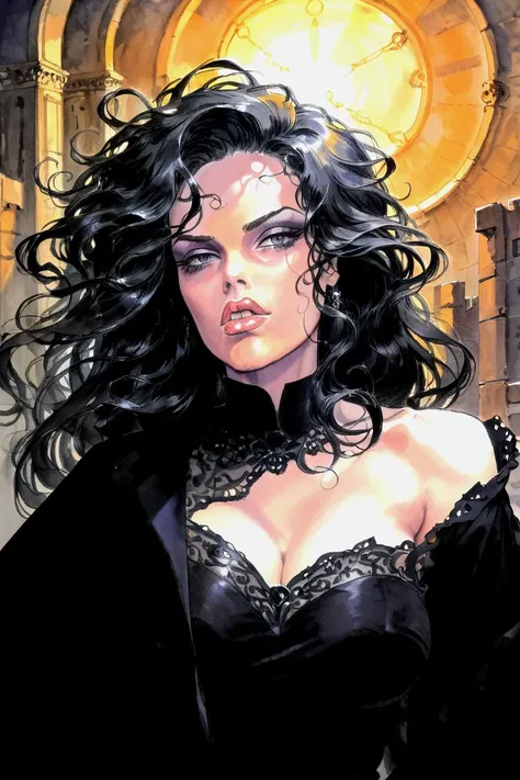 <lora:milo_manara_pony:1.1>, score_8_up, score_7_up, three quarter view, upper body, a mature female, curvy, thick, black eyes, thick lips, black hair, long hair, naughty face, female pervert, black dress, dramatic lighting, darkness, dim light