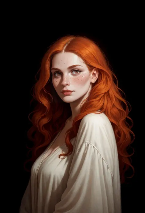 <lora:br0mXLP:1>, score_9, score_8_up, score_7_up, br0m, three quarter view, upper body, a mature female, thirty-something, curvy, wide hips, hazel eyes, ginger hair, long hair, freckles, red and black background, grimdark, soft light, cinematic lighting