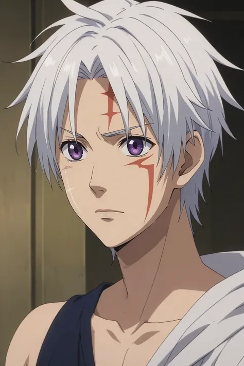 score_9, score_8_up, score_7_up, , rating_safe, , anime screencap, , , , , 1boy, solo, male focus, <lora:allen_walker_pony:0.8>, allen_walker, white hair, purple eyes, short hair, scar, facial mark, hallow, , , <lora:sdxl_lightning_8step_lora:1>