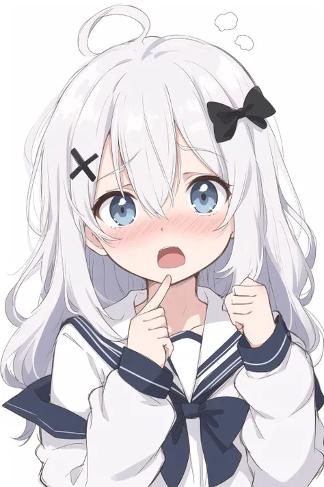 oral invitation, white background, mole under eye, hairclip, saliva, simple background, white hair, upper body, blush, looking at viewer, serafuku, red neckerchief, school uniform, tongue out, 1girl, black serafuku, shirt, solo,  short hair, open mouth, collarbone, neckerchief, sailor collar, black eyes<lora:oral_invitation:0.8>