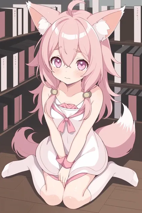1girl, solo, nervous, pink_hair, mess, library, fox_ears, little_chest, blush, perfect, ((shiny_hair)),White socks,(Warizaï¼1.4)