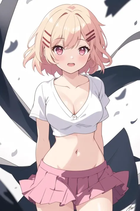 1girl, breasts, solo, skirt, shirt, navel, hair ornament, cleavage, large breasts, open mouth, pink skirt, blonde hair, looking at viewer, hairclip, white shirt, blush, pleated skirt, wind lift, collarbone, short hair, midriff, short sleeves, arms behind back, wind, cowboy shot, miniskirt, standing, pink eyes, bangs, thighs, signature, crop top, red eyes, clothes lift, white background