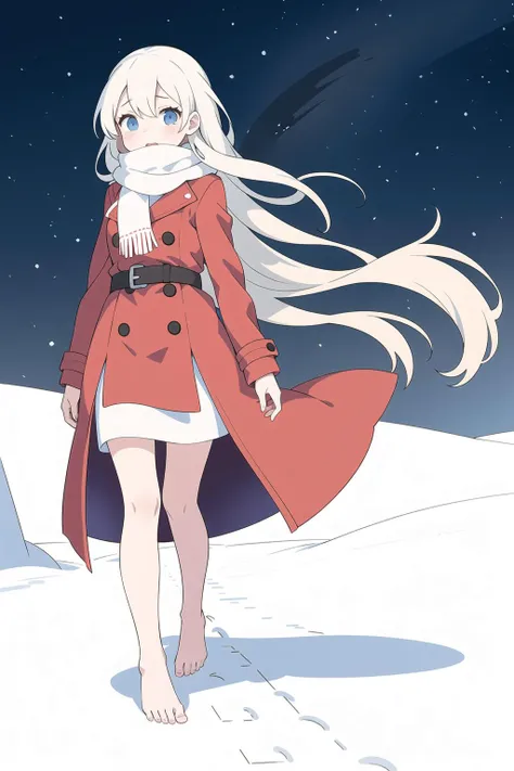 In the snow all over the sky, a girl walking alone in the snow, wearing red thin trench coat, with a white scarf, Bare legs, bare feet, Holding her body tightly,
her head bowed, her eyes closed, her mouth pressed together, and she was about to cry, Long white hair blows in the wind, The detailed and beautiful face was depressed,
step by step, behind is a series of footprints, the snow is very big, the biting wind blowing her scarf, the distance is unbroken snow mountains, in this evening, helpless forward.