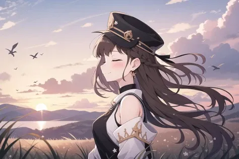 1girl, bird, long hair, solo, closed eyes, outdoors, hat, cloud, sky, sunset, smile, earrings, grass, long sleeves, shirt, jewelry, brown hair, bangs, bare shoulders, closed mouth, braid, from side, breasts, black headwear, blush, cloudy sky, brown headwear, off shoulder, sleeveless, profile, floating hair, gloves, scenery