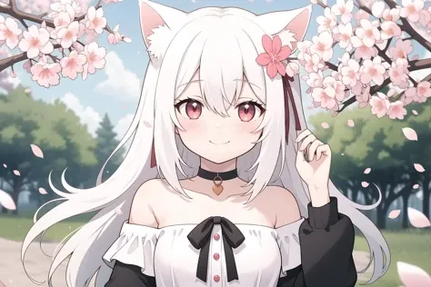 1girl, solo, animal ears, hair flower, hair ornament, flower, looking at viewer, blurry, bangs, white hair, pink flower, cherry blossoms, animal ear fluff, long hair, blush, long sleeves, virtual youtuber, depth of field, hair between eyes, closed mouth, smile, branch, upper body, choker, blurry background, blurry foreground, bare shoulders, red eyes, cat ears, hand up, off shoulder, ribbon, collarbone, hair ribbon, outdoors, black choker, white flower