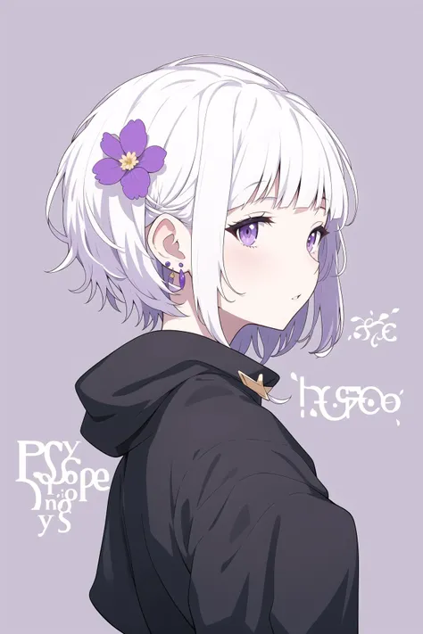 1girl, solo, jewelry, earrings, short hair, purple eyes, purple background, hair ornament, white hair, upper body, from side, profile, purple flower, flower, looking at viewer, hair flower, parted lips, simple background, jacket, bangs, cover, black jacket, english text
