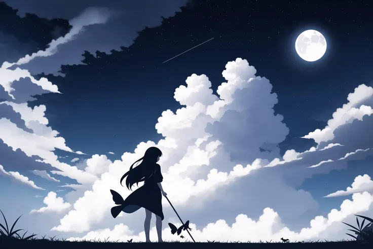 1girl, sky, long hair, cloud, solo, scenery, bug, moon, butterfly, standing, from behind, holding, fantasy, staff, silhouette, outdoors, floating hair, cloudy sky, star (sky)