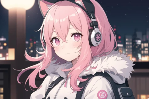 1girl, headphones, bag, solo focus, looking at viewer, hood, backpack, long hair, blurry, night, fur trim, hood down, jacket, outdoors, bangs, pink eyes, depth of field, hooded jacket, pink hair, upper body, coat, blurry background