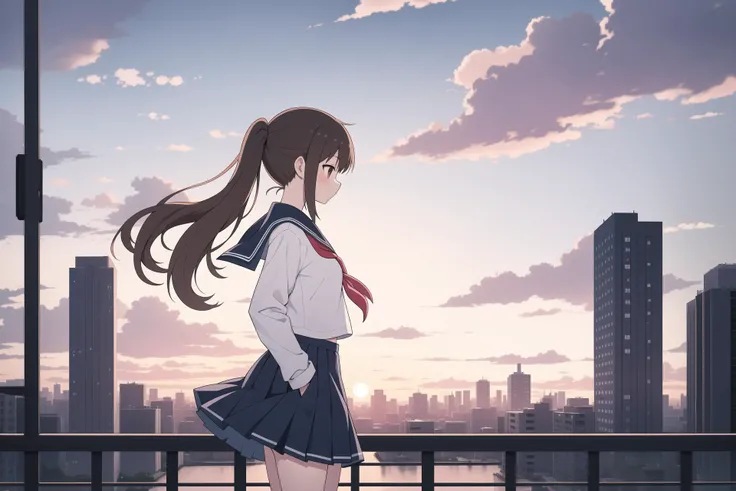 1girl, solo, school uniform, cityscape, skirt, serafuku, long hair, sunset, cloud, sky, city, neckerchief, building, brown hair, outdoors, shirt, sailor collar, from side, red neckerchief, white shirt, profile, wavy hair, pleated skirt, ponytail, long sleeves, skyline, scenery, skyscraper, evening, cloudy sky, hands in pockets, standing, twilight, wind, bangs