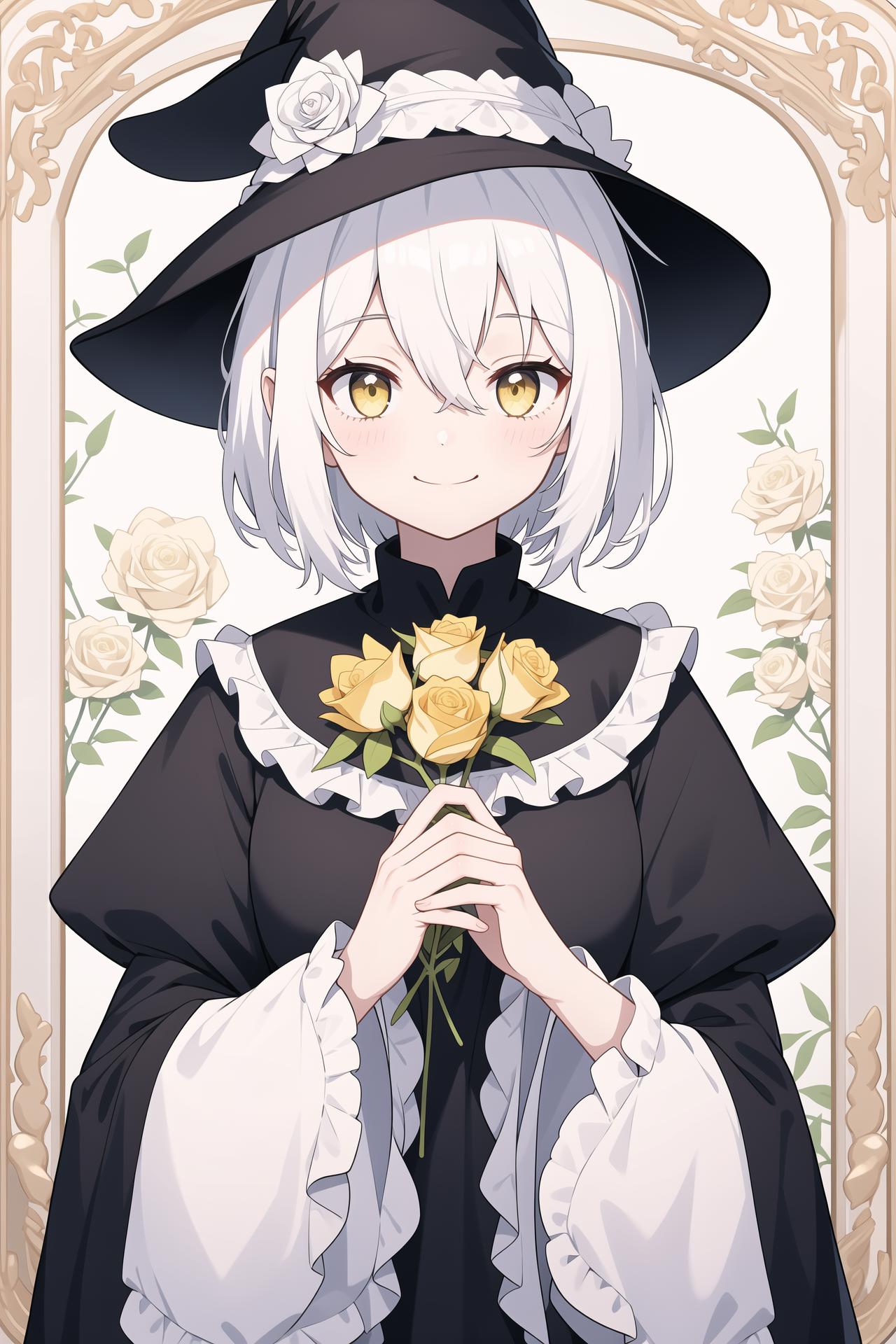 A woman in a black hat and white dress holding a rose - SeaArt AI