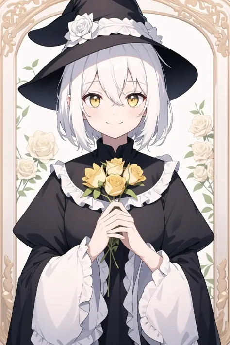 1girl, flower, solo, witch hat, hat, white hair, holding, yellow eyes, rose, looking at viewer, short hair, holding flower, white rose, white flower, bangs, picture frame, long sleeves, closed mouth, hair between eyes, smile, wide sleeves, upper body, frills, witch, yellow flower, yellow rose, painting (object)