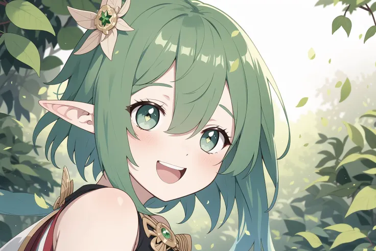 1girl, green eyes, solo, pointy ears, smile, looking at viewer, green hair, nahida (genshin impact), open mouth, bangs, blurry, blush, blurry background, hair between eyes, hair ornament, braid, portrait, symbol-shaped pupils, :d, teeth, elf, leaf hair ornament, outdoors, leaf, depth of field, looking back, short hair, bare shoulders,Highlight