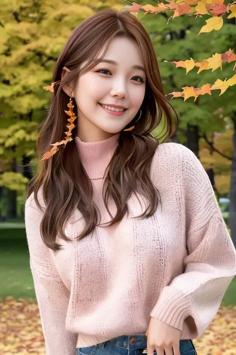 a fromisjiheon smiling, brown hair, (ultra realistic:1.2), (standing on park:1.2), (autumn:1.2), (close-up photo:1.6), (pink sweater:1)  <lora:fromis9Jiheon_fromis9Jiheon2023128DB:1>