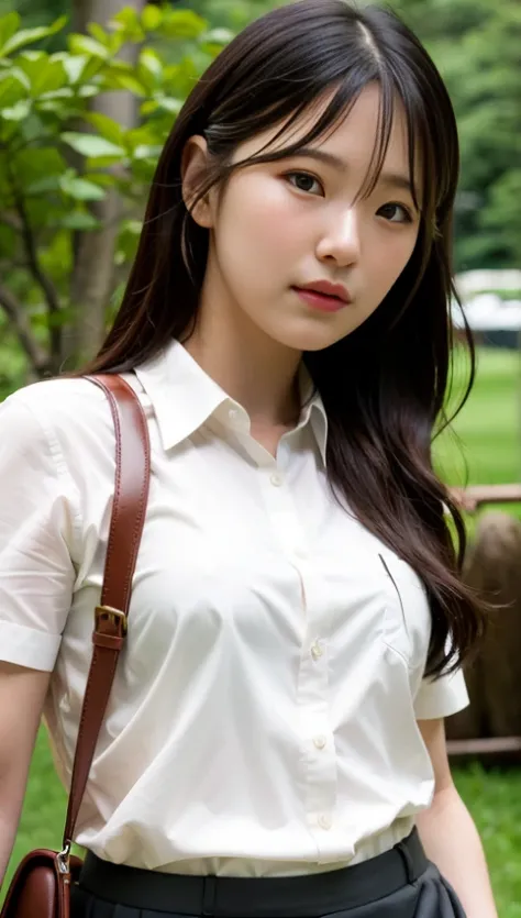 full body, best quality, ultra high res, (photorealistic:1.4), 1girl, white button shirt, short sleeves, black skirt, school uniform, brown hair, looking at viewer, low angle, <lora:fromis9Jiheon_fromis9Jiheon2023128DB:1>