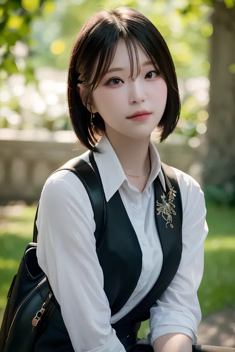 short hair, (best quality), (masterpiece), (high resolution), (intricate details), (photorealistic), (cinematic light), (ultrarealistic), (real lighting), (real skin), (real hair), Depth of field, lens flare, ray tracing, perspective, <lora:fromis9Jiheon_fromis9JiheonV2:1>, school uniform