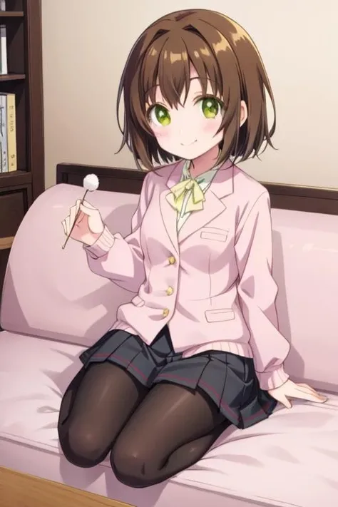 masterpiece, best quality,,<lora:GoodHands-vanilla:0.8> <lora:anmnr01:0.3> <lora:add_detail:0.5> ,living room,sofa,mimikaki,<lora:lap_pillow_invitation:0.9>,lap_pillow_invitation,earstick,smile <lora:aiko_hatayama_v1:0.6>,aiko hatayama, short hair, brown hair, green eyes,school uniform, pink jacket, bow, skirt, pantyhose, black footwear