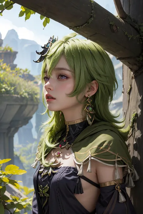 <lora:genshinfull1:1>,<lora:collei2:1>, colleidef, collei(genshin impact), light green hair,
1girl,solo, long hair,realistic, light green hair,lips,profile,portrait,closed mouth,nose,from side, best quality, masterpiece, illustration, an extremely delicate and beautiful, extremely detailed ,CG,unity,8k wallpaper, Amazing, finely detail, masterpiece, best quality,official art,extremely detailed CG unity 8k wallpaper,absurdres, incredibly absurdres, huge filesize , ultra-detailed, highres, extremely detailed,beautiful detailed girl, extremely detailed eyes and face, beautiful detailed eyes,light on face,
outdoors, outside, day, forest, treehouse, upper body