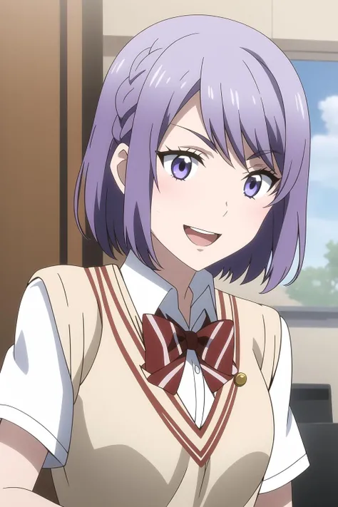 1girl, :d, braid, eyebrows visible through hair, purple hair, red bowtie, school uniform, shirt, short hair, smile, solo, white shirt, nene_odagiri