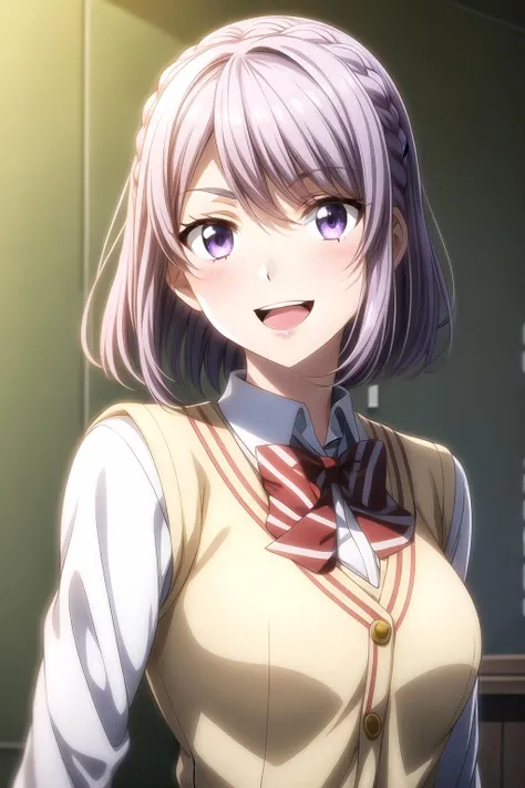 1girl, :d, braid, eyebrows visible through hair, purple hair, red bowtie, school uniform, shirt, short hair, smile, solo, white shirt, nene_odagiri,  <lora:add_detail:1>