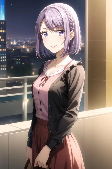 1girl, braid, eyebrows visible through hair, purple hair, casual dress, city, city background, short hair, smile, red lips, cowboy shot, look at viewer, solo, nene_odagiri, <lora:add_detail:0.7>