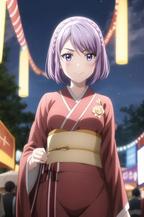 1girl, braid, eyebrows visible through hair, purple hair, kimono, outdoor, night, festival background, lights, short hair, smile, cowboy shot, look at viewer, solo, nene_odagiri, <lora:add_detail:0.7>