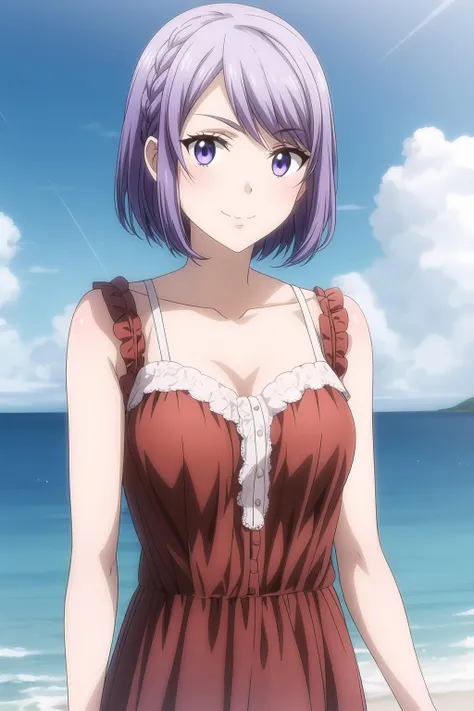 1girl, braid, eyebrows visible through hair, purple hair, casual dress, at cruise ship, day, summer, ocean background, short hair, smile, cowboy shot, look at viewer, solo, nene_odagiri, <lora:add_detail:0.7>