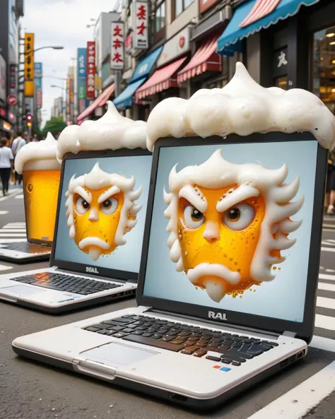 Laptops, Annoyed, with stripes details, in Business city road Harajuku, <lora:ral-beer:1> ral-beer