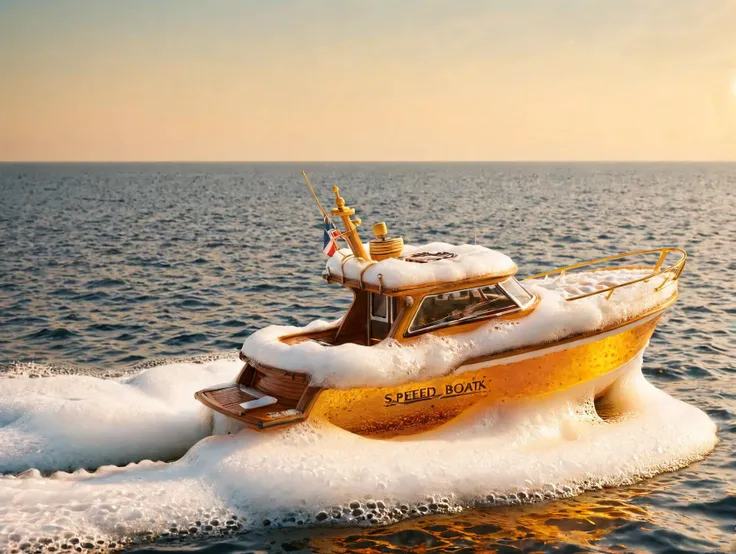 close up of a speedboat at  sea made of ral-beer <lora:ral-beer:1>, horizon, golden hour