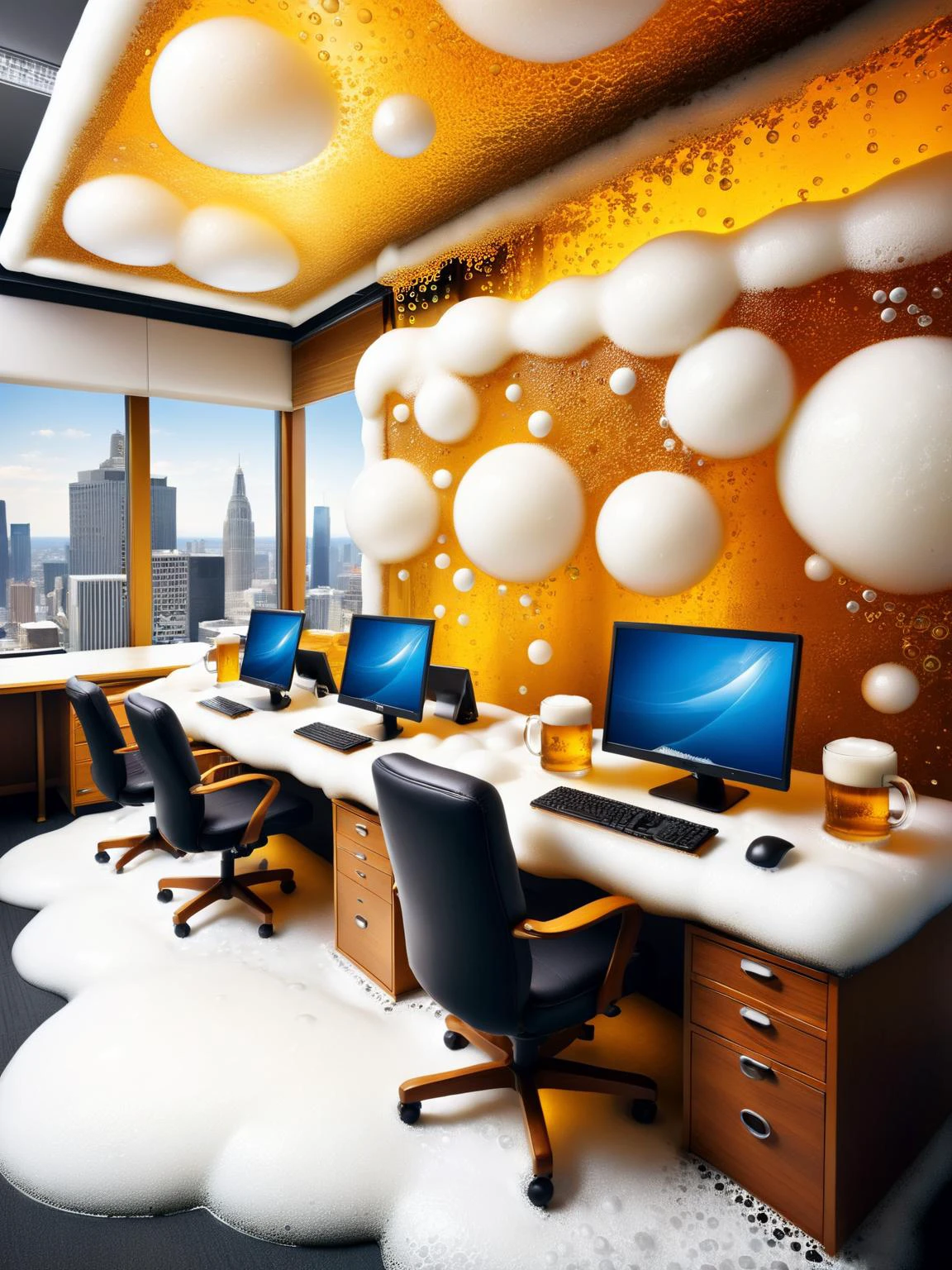 A whimsical depiction of a busy office scene, but all the office equipment and furniture are made of ral-beer elements â computers fizzing with bubbles, desks of solidified golden ale, and chairs with cushions of ral-beer foam. <lora:ral-beer-sdxl:1> <lora:EnvyBetterHiresFixXL01:0:hr=1>