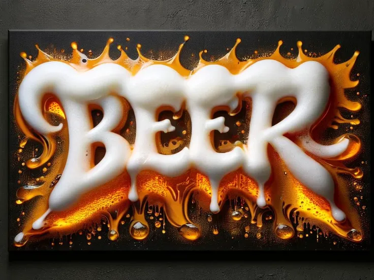 "BEER" text logo <lora:Harrlogos_v2.0:0.85> young pretty female drining beer, gold, toxic orange, graffiti bombing, thick lines, art on canvas, dripping, ral-beer 3d extruded style, with beer spilling all over the place <lora:ral-beer-sdxl:1> gallery background with dim light