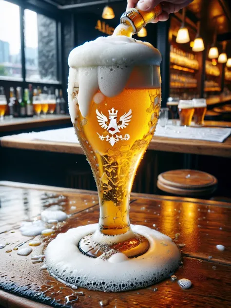 A beer glass made completely from ais-bkglass, filled with ral-beer, overflowing onto the ais-bkglass table in an expensive bar <lora:Broken_Glass_Style_SDXL:1> <lora:ral-beer-sdxl:0.75>