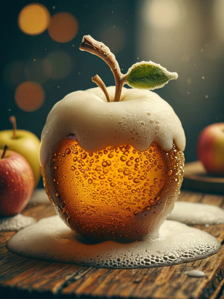 award winning photo of an apple made of beer, (shallow depth of field:0.6), highly detailed, high budget, (bokeh:0.6), film grain, grainy , <lora:RMSDXL_Darkness_Cinema:0.8> <lora:MJ52:0.4> <lora:ral-beer-sdxl:1.0> ral-beer