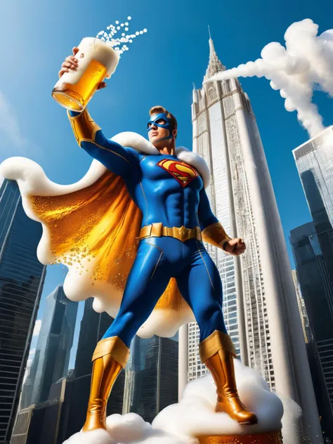 A ral-beer superhero with beer-themed powers, wearing a costume with beer bottle motifs, shooting jets of frothy ral-beer from their hands to save the city from thirst, amidst a backdrop of beer skyscrapers. <lora:ral-beer-sdxl:1> <lora:EnvyBetterHiresFixXL01:0:hr=1>