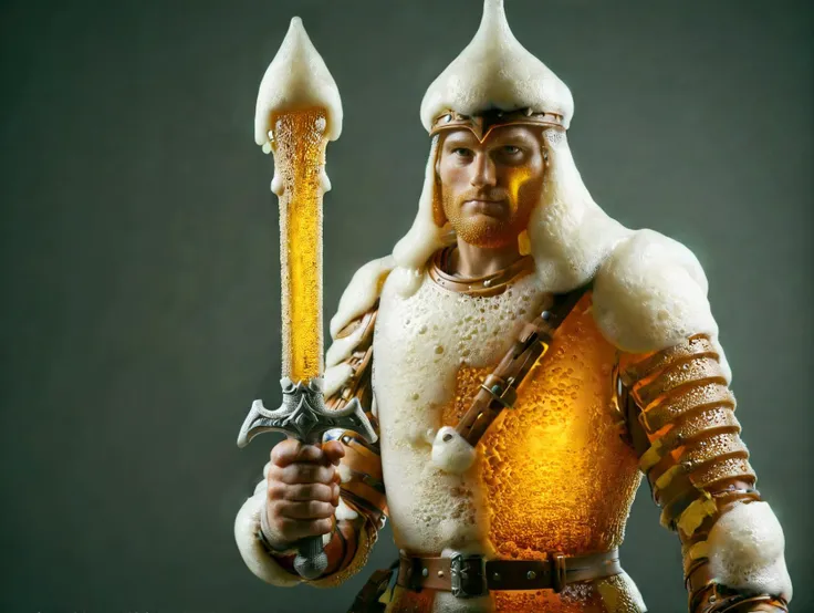 Knight holding a sword  made of ral-beer <lora:ral-beer:1>, glowing