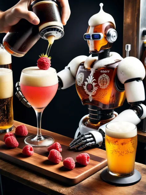 A robot bartender mixing cocktails with a variety of ral-beer flavors, including chocolate stout, raspberry ale, and pineapple IPA. ral-beer <lora:ral-beer-sdxl:1> <lora:EnvyBetterHiresFixXL01:0:hr=1>