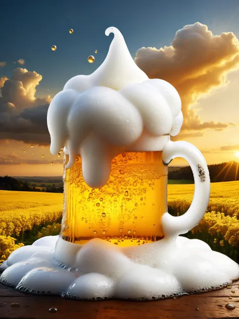 A fluffy cloud shaped like a beer mug, raining golden droplets of ral-beer onto a thirsty landscape below. ral-beer <lora:ral-beer-sdxl:1> <lora:EnvyBetterHiresFixXL01:0:hr=1>