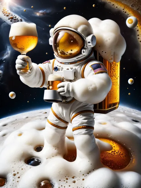 An astronaut on the moon discovering a bubbling ral-bee spring, with a backdrop of a beer-colored galaxy, frothy head effect on the lunar surface, ral-beer bubbles floating in zero gravity. <lora:ral-beer-sdxl:1> <lora:EnvyBetterHiresFixXL01:0:hr=1>