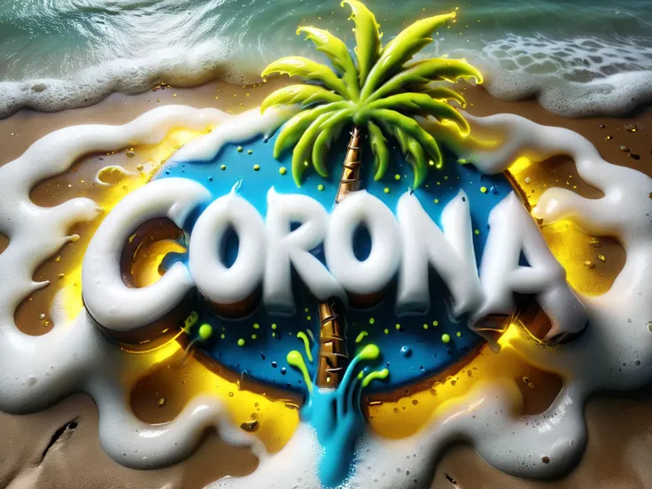<lora:Harrlogos_v2.0:1.05>,"CORONA" text logo,yellow,green,blue,graffiti bombing,thick lines,palm tree,lime slice,art on canvas,dripping,ral-beer 3d extruded style,<lora:ral-beer-sdxl:1>,tropical beach background,<lora:glowneon_xl_v1:0.8>,glowneon,glowing,sparks,lightning,