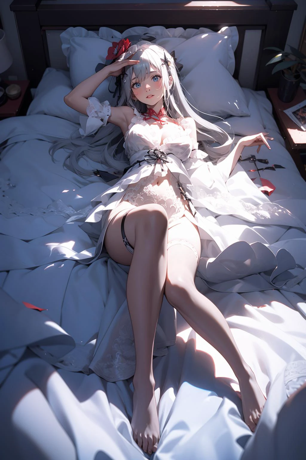 1girl,solo,outdoors,<lora:GoodHands-beta2:1>,(full body:1.3),(spread legs:1.1),(Lie on your back with your legs apart and your calves hanging by the side of the bed),<lora:0233 Lost in Time Cocolik Fan Costume_v1:0.9>,ruanyi233,chinese clothes,detached sleeves,hair flower,white dress,white thighhighs,veil,grey hair,Drunk,(from above:1.2),elbow gloves,, best quality,masterpiece,highres,official art,extremely detailed cg unity 8k wallpaper