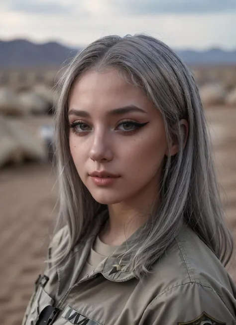 RAW Photo, professional color graded, BREAK portrait photograph of girl SkylarV0x, silver hair ((makeup, eyeliner)), wearing army uniform, ((in army camp in a a desert)), sharp focus, HDR, 8K resolution, intricate detail, sophisticated detail, depth of field, analogue RAW DSLR, photorealistic, looking at viewer, <lora:detailed_eye:0.8>, <lora:SkylarV0x:0.85>, <lora:quickfix:1>