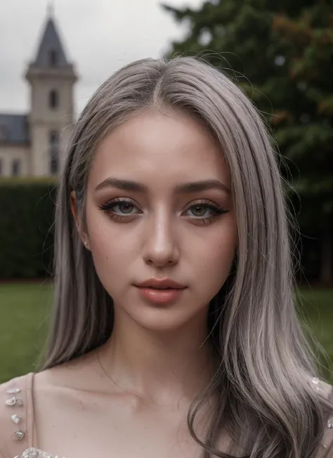 RAW Photo, DSLR, professional color graded, BREAK closeup portrait photograph of girl SkylarV0x, silverhair, ((makeup, eyeliner)), wearing sheer dress, ((castle in the background)), sharp focus, HDR, 8K resolution, intricate detail, sophisticated detail, depth of field, analogue RAW DSLR, photorealistic, looking at viewer, <lora:detailed_eye:0.8>, <lora:SkylarV0x:0.85>, <lora:quickfix:1>