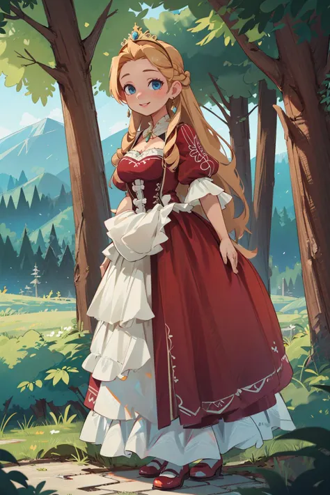 ((masterpiece)), (best quality), official photo, extremely detailed CG, unity 8k wallpaper, ultra detailed, highly detailed, detailed background, vivid color, photorealistic, perfect lighting, best illumination,
1girl, solo, (beautiful detailed girl), full body shot,
Priscilla Reise Arnor, long hair, braid, blonde hair, blue eyes, medium breasts,
tiara, crown, jewelry, earrings,
red dress, ornate dress, gown, frills,
looking at viewer, gentle smile,
forest, mountain,
<lora:Priscilla:0.8>