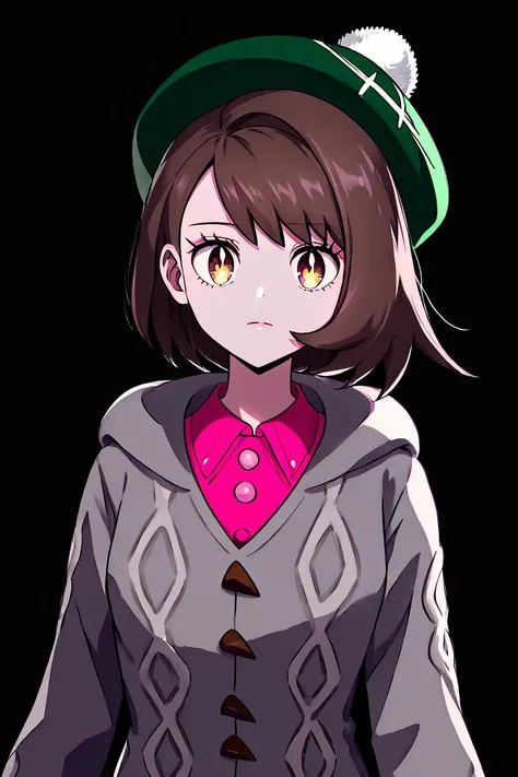 high resolution, highly detailed, perfect lighting, beautiful detailed eyes, upper body, black background, 1girl, solo, <lora:Gloria_Pokemon_P1:1>, gloria (pokemon), green hat, grey cardigan, hooded cardigan, cable knit, pink dress, long sleeves, collared dress, curvy,